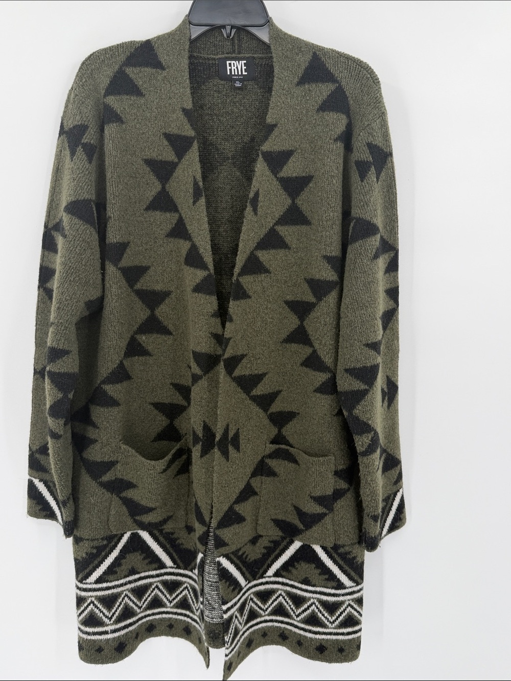 Frye Olive Green & Black Geometric Knit Cardigan Size XL